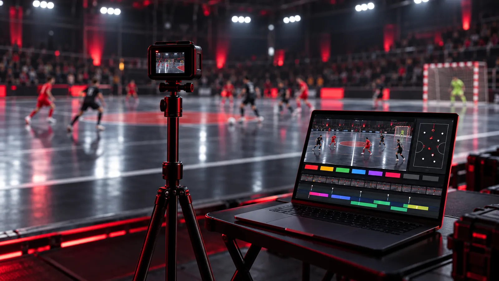 Kamera aksi di atas tripod di pinggir lapangan, di sebelah laptop yang menampilkan siaran langsung
