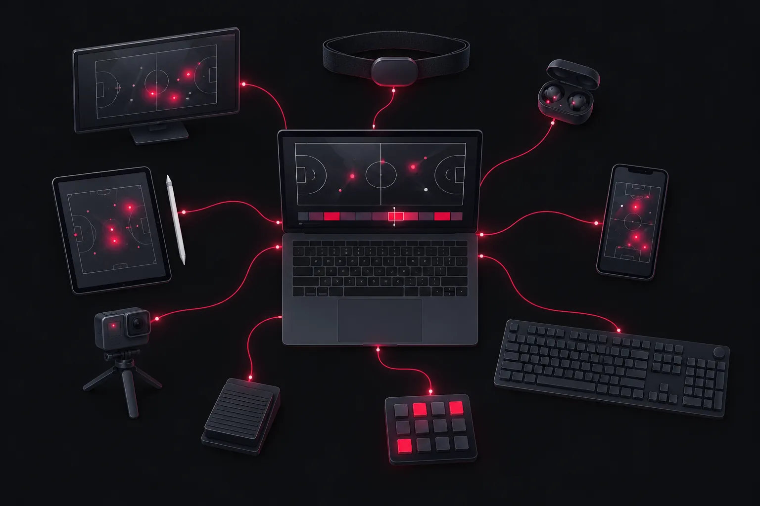 Ilustrasi meja dari atas: laptop di tengah, dikelilingi keyboard, pad tombol, pedal kaki, kamera aksi, HP, tablet dengan stylus, TV, sabuk detak jantung, dan earphone