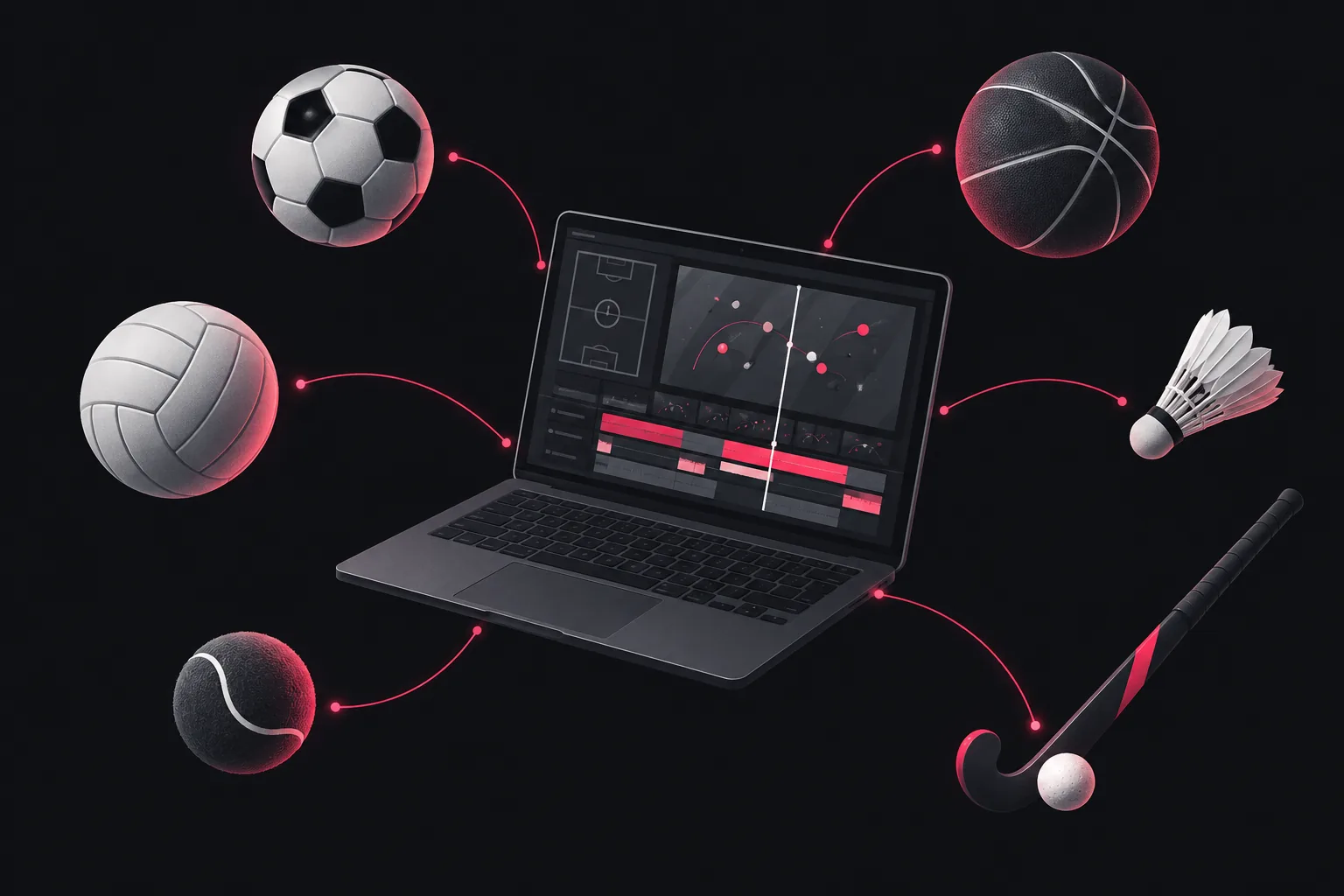Ilustrasi laptop dengan linimasa klip, dikelilingi bola sepak, basket, voli, tenis, kok bulu tangkis, dan stik hoki