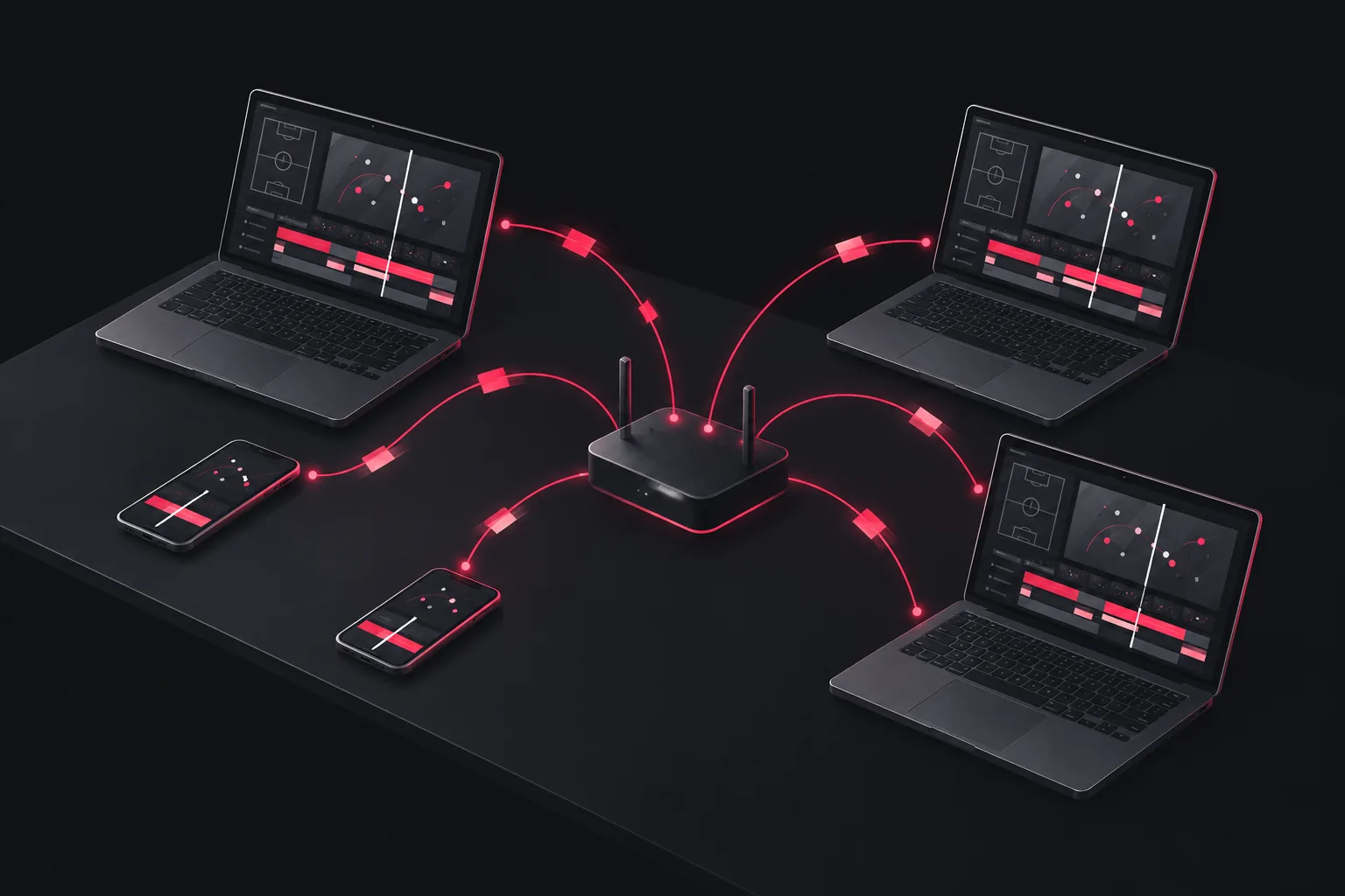 Ilustrasi tiga laptop dan dua HP di satu meja, terhubung ke satu router Wi-Fi tanpa internet