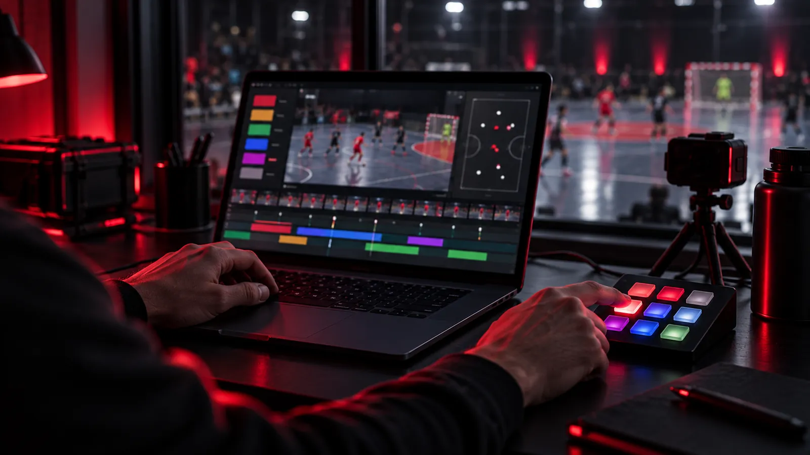 Analis menekan tombol tag di keyboard dan pad tombol sambil menonton pertandingan di laptop